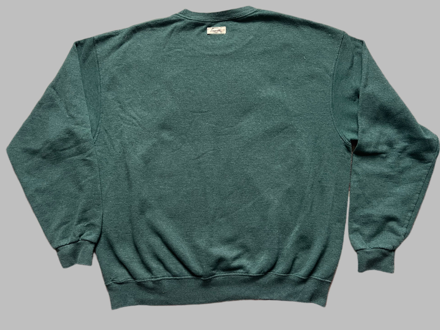 Green crewneck with large dresden plate quilt top piece, size XL