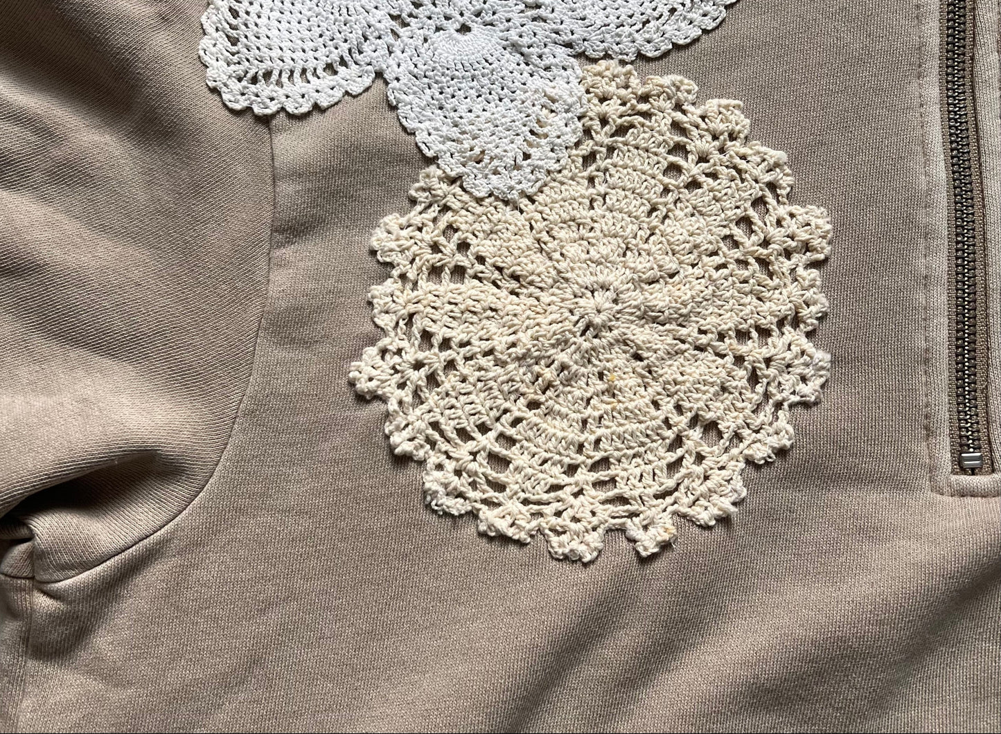 Khaki 3/4 zip sweatshirt with vintage lace and doilies, size medium