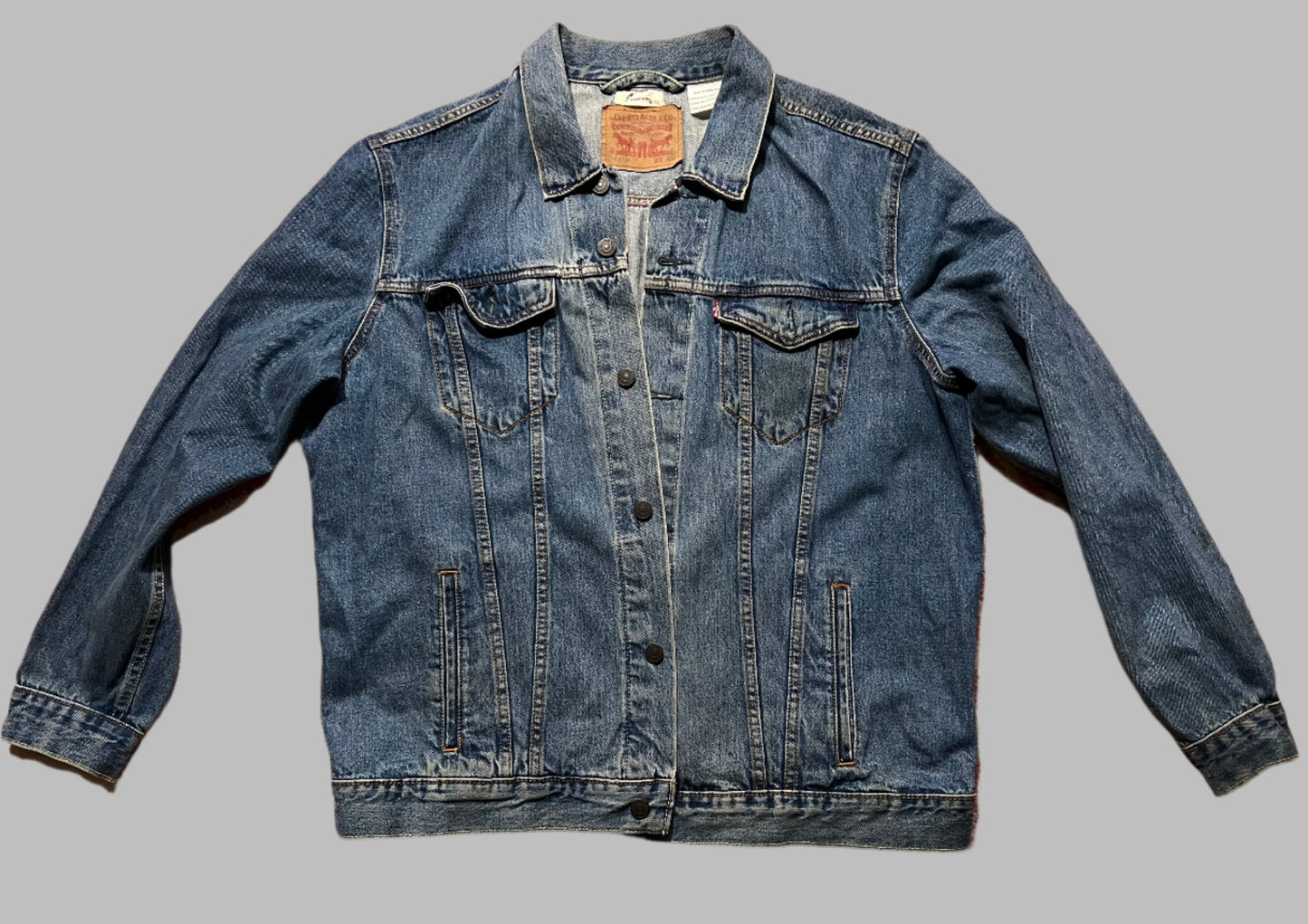 Levi Denim Jacket with Kantha Pieces and Vintage Sari Trim, mens XXL