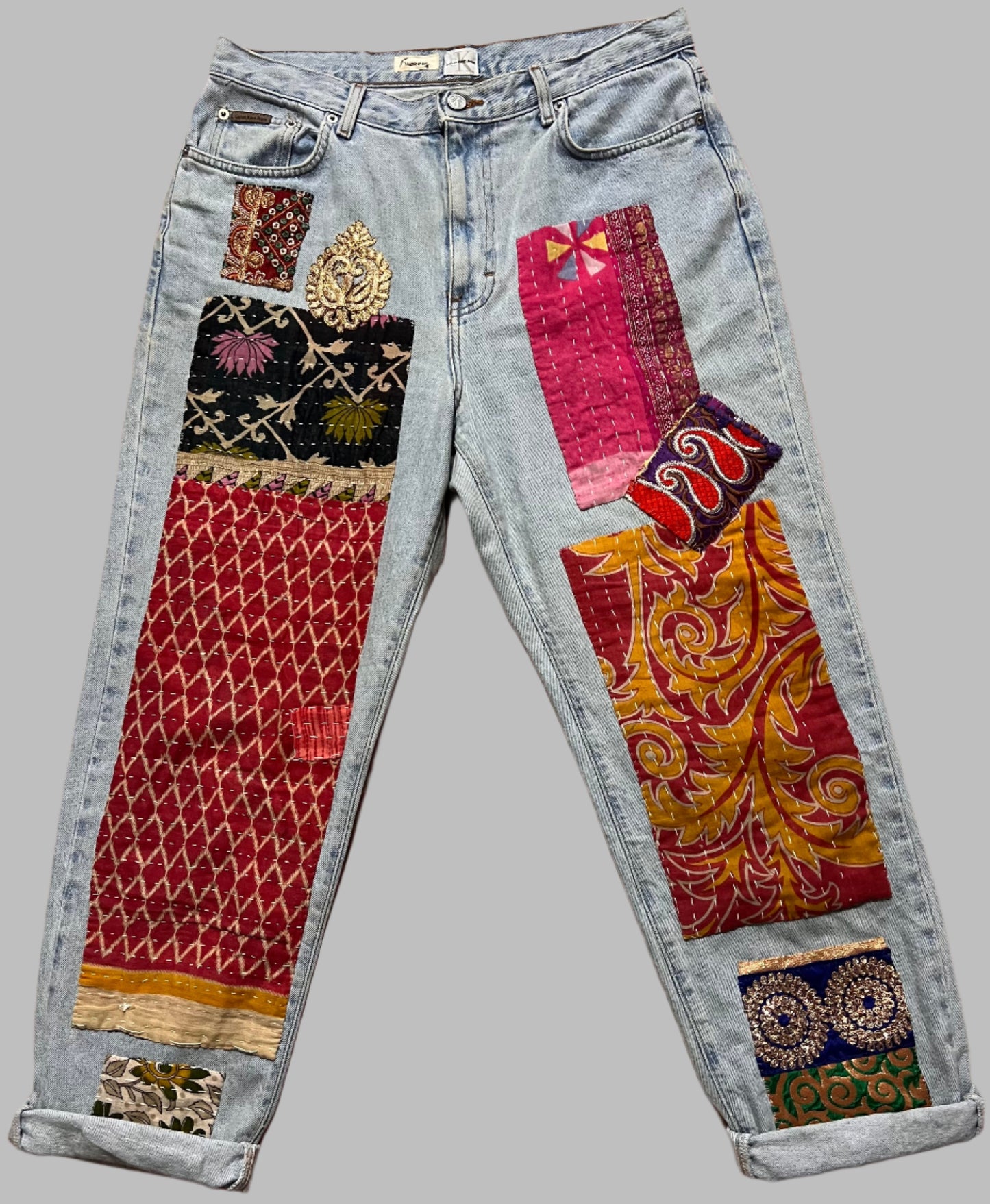 Vintage Calvin Klein Jeans with Kantha Patches, size 14