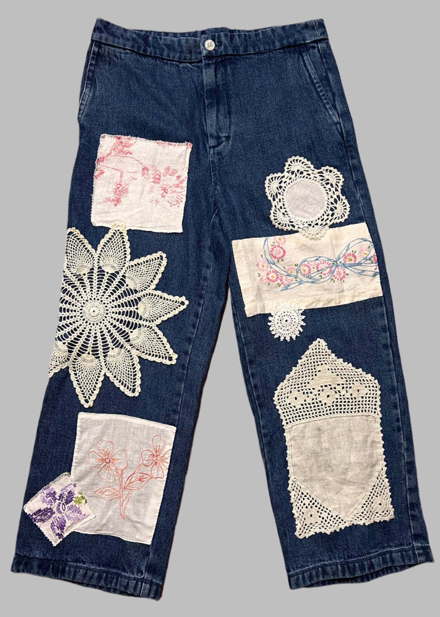 J Crew Sailor Jeans with Lace and Embroidered Patches, size 29