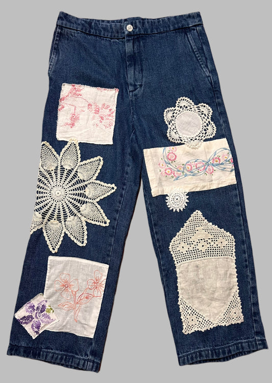 J Crew Sailor Jeans with Lace and Embroidered Patches, size 29