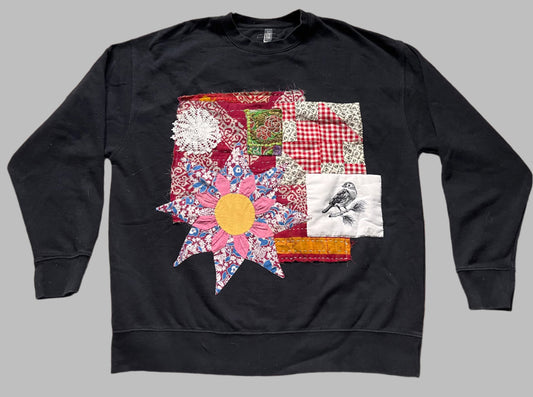 Black crewneck with collage of fabrics, size XL