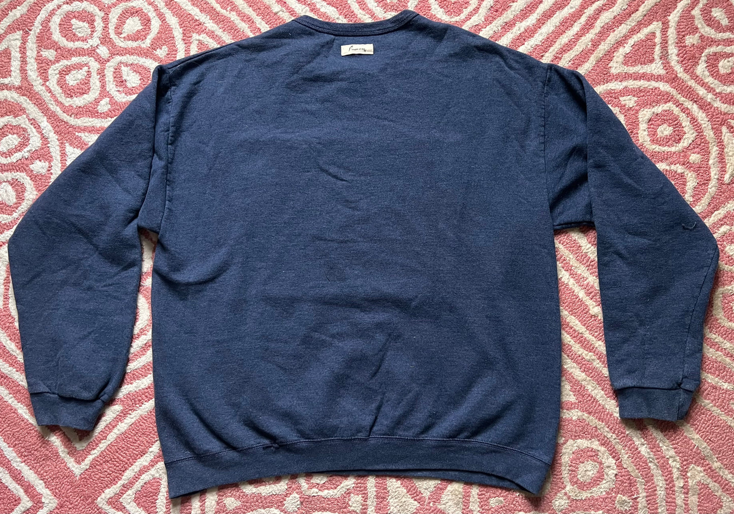 Blue crewneck with vintage quilt block with chick, size large