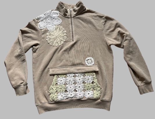 Khaki 3/4 zip sweatshirt with vintage lace and doilies, size medium