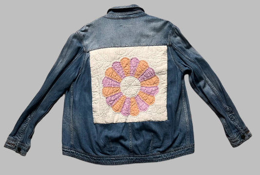 Zara Denim Jacket with Vintage Quilt Block, women medium