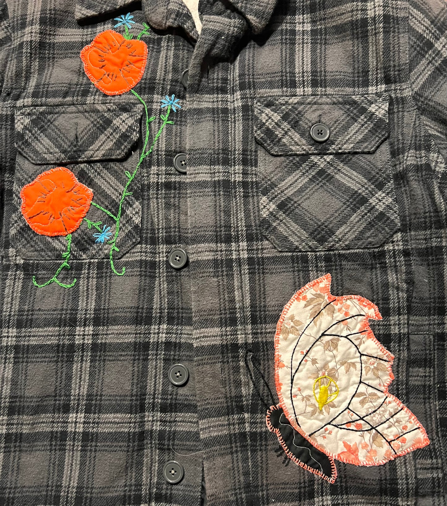 Flannel Fleece Line Shirt Jacket with Vintage Quilt Block and Embroidery, mens medium