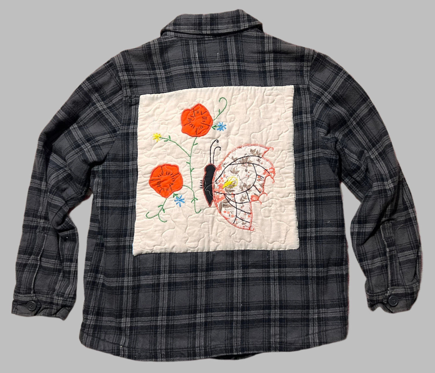 Flannel Fleece Line Shirt Jacket with Vintage Quilt Block and Embroidery, mens medium