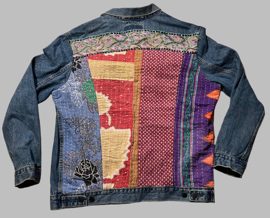 Levi Denim Jacket with Kantha Pieces and Vintage Sari Trim, mens XXL