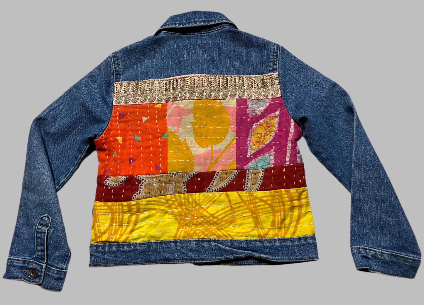 Girls Denim Jacket with Kantha Cloth and Metallic Trim