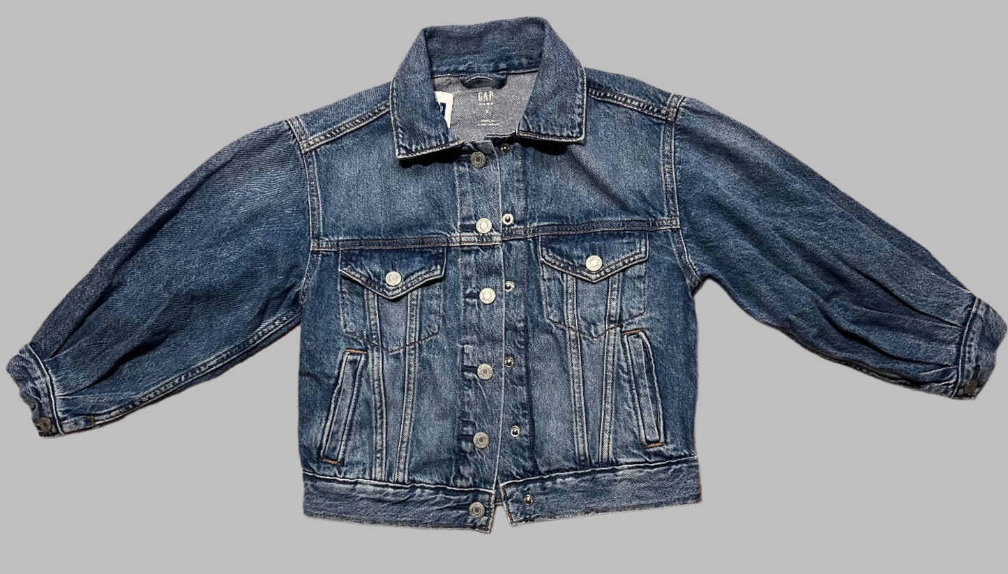 Girls Denim Jacket with Kantha Cloth Pieces and Jeweled Trim