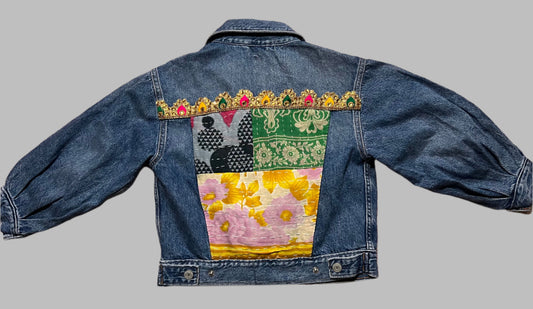 Girls Denim Jacket with Kantha Cloth Pieces and Jeweled Trim