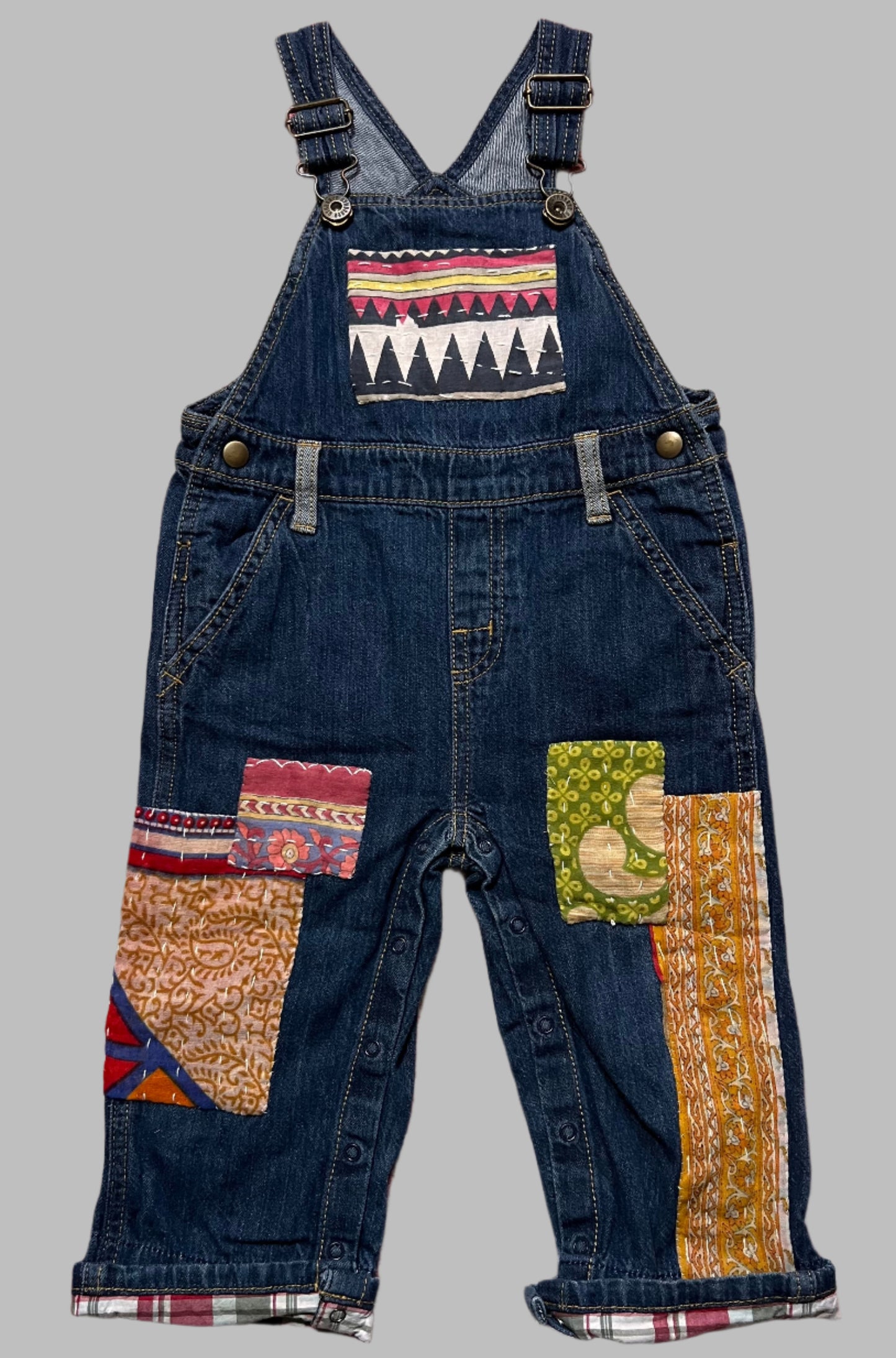 Toddler Denim Overalls with Kantha Cloth Pieces