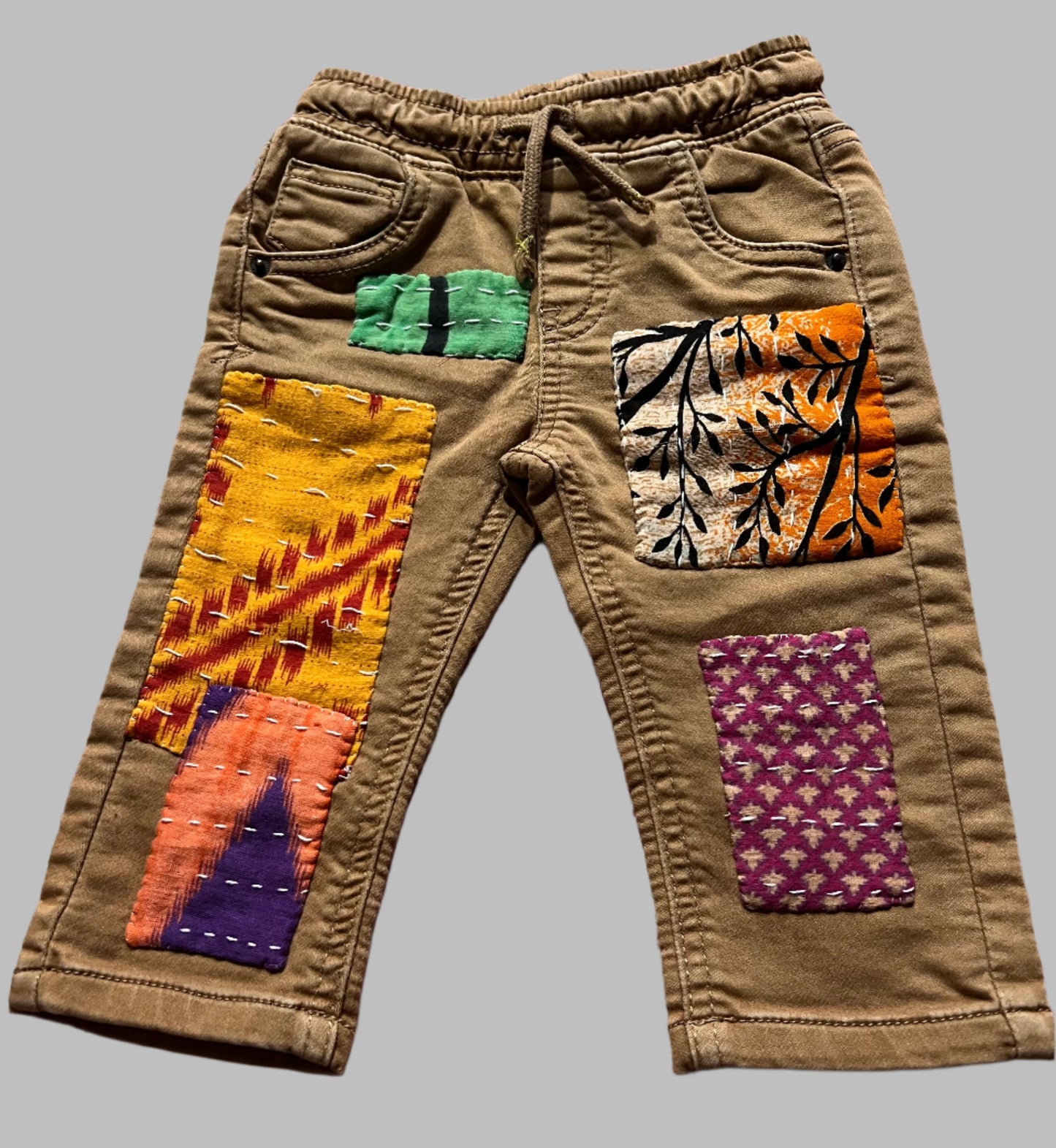 Infant Khaki Pants with Kantha Cloth Pieces