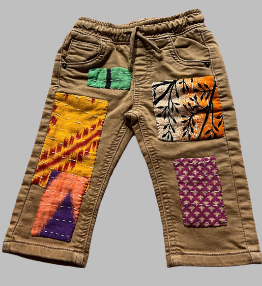 Infant Khaki Pants with Kantha Cloth Pieces