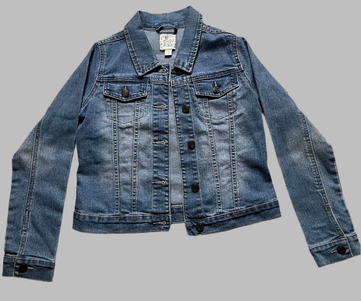 Girls Denim Jacket with kantha cloth pieces and ornate trim