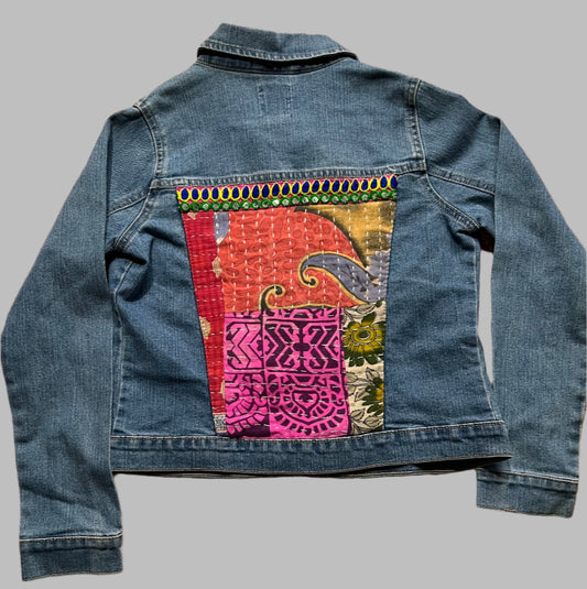 Girls Denim Jacket with kantha cloth pieces and ornate trim