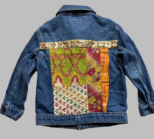 Denim Jacket with kantha cloth and sequin trim