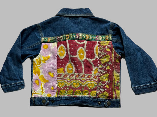 Toddler Denim Jacket with kantha cloth piece and metallic trim