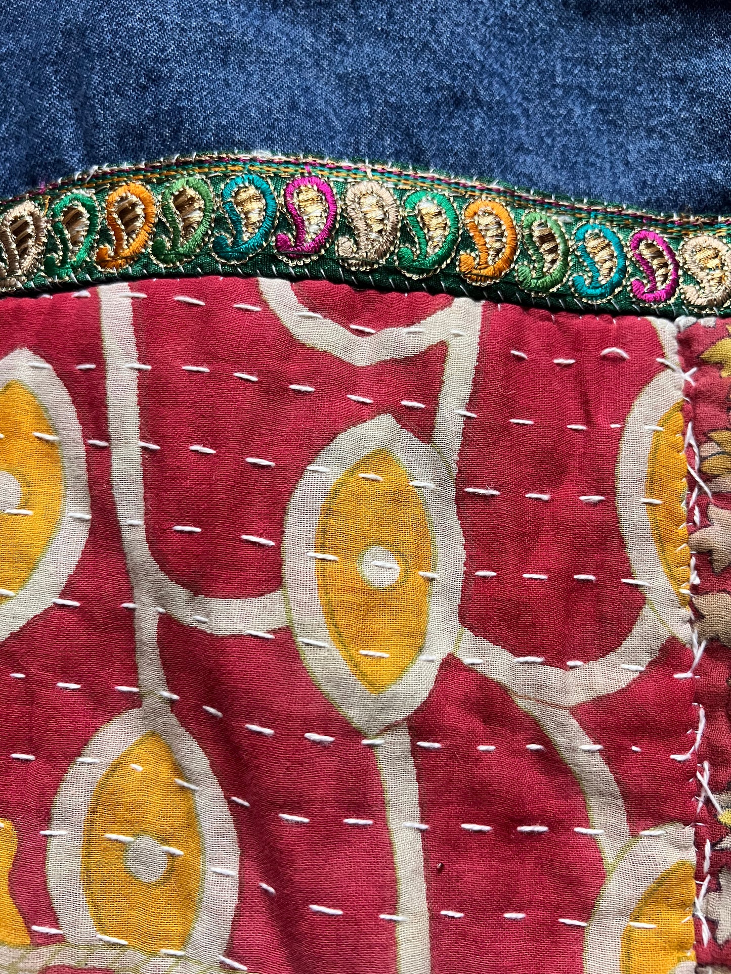 Toddler Denim Jacket with kantha cloth piece and metallic trim