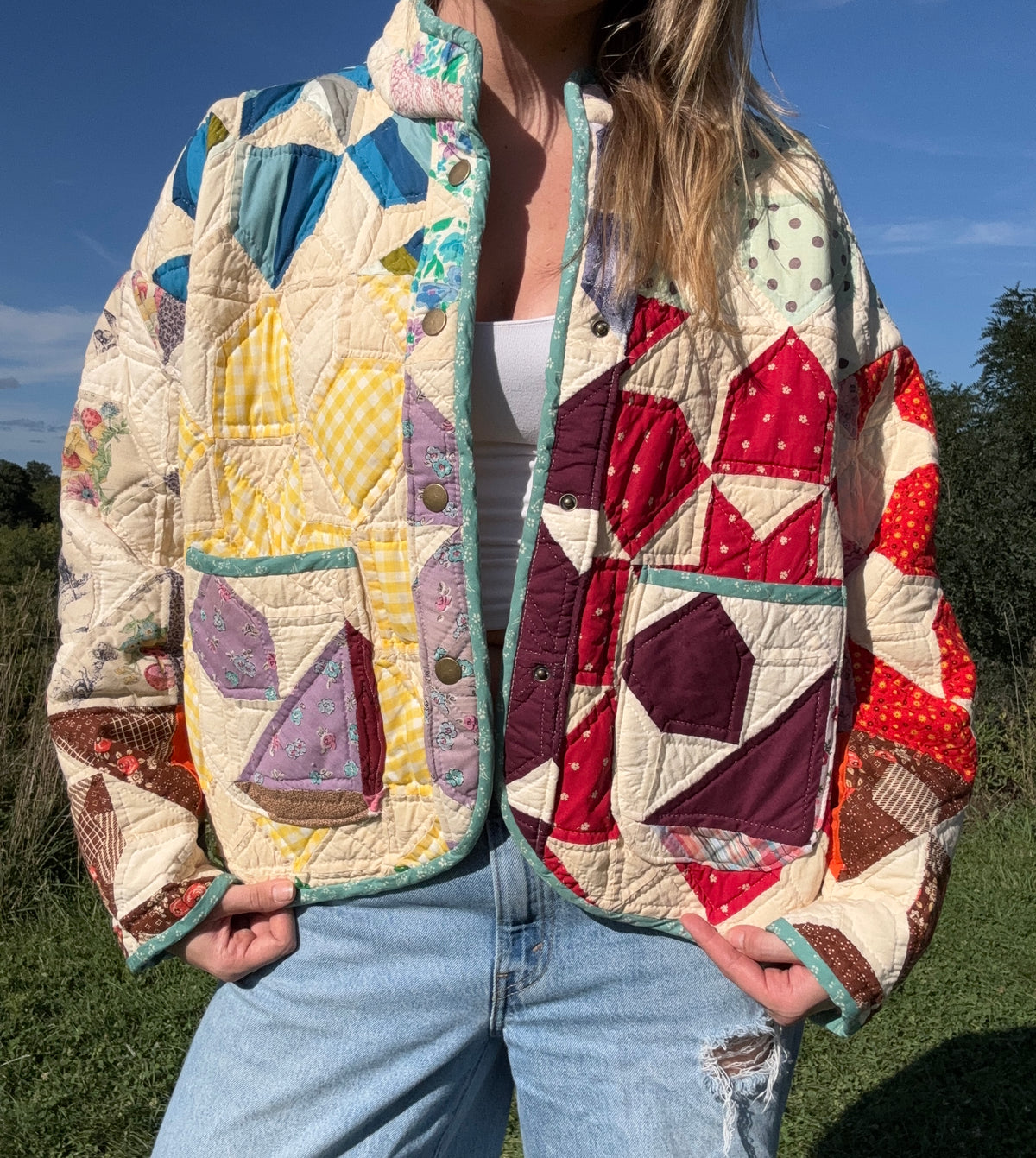 Colorful Quilt Jacket with Snaps